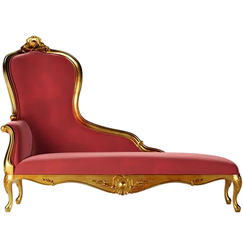 Chaise longue de style baroque, avec un revêtement en velours rouge et des ornements dorés, idéale pour une décoration intérieure élégante et luxueuse.